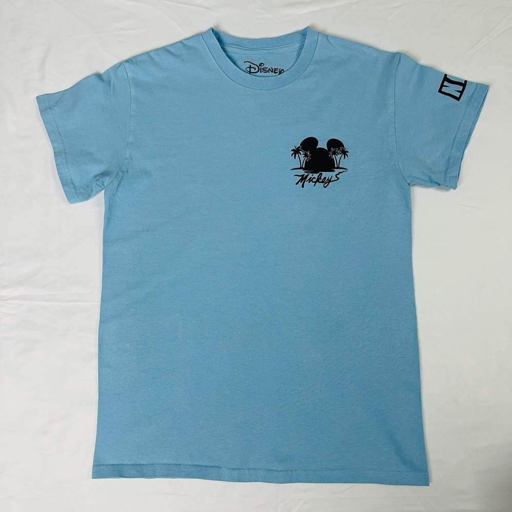 Neff x Disney Mickey Mouse Palms Graphic T-Shirt Blue Small Tropical Beach EUC